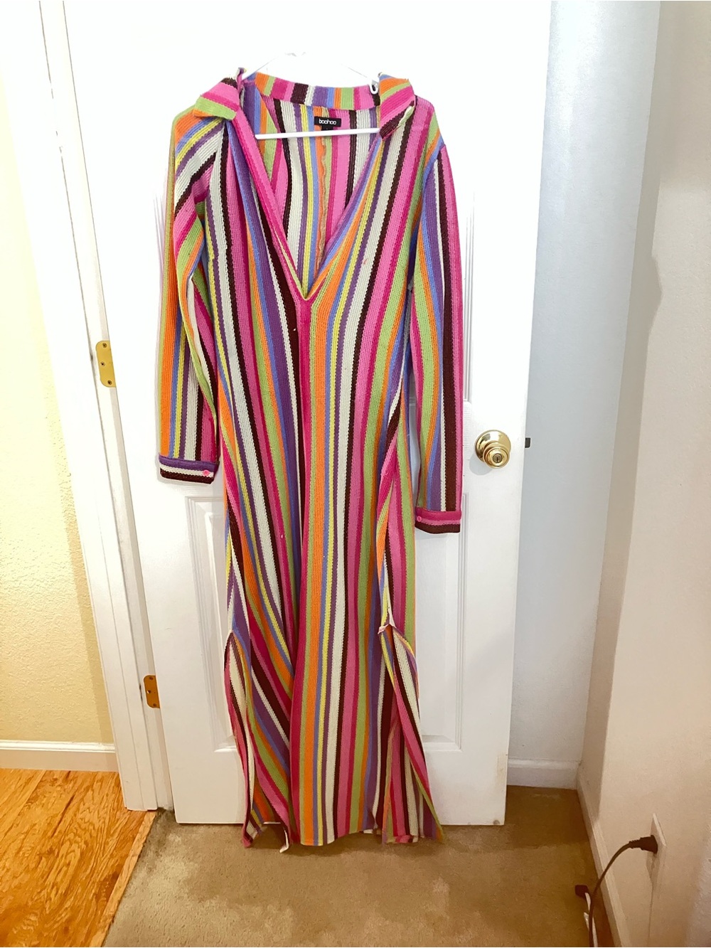 Boohoo Multicolor Striped Hooded Maxi Dress — Pink, Yellow, Green, Blue, Purple
